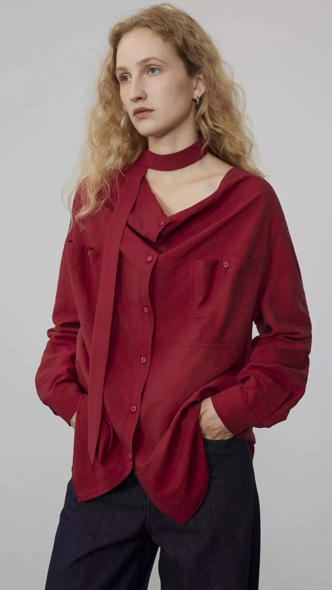 Romantic Silk Shirt with Detachable Ribbon and Large Pockets