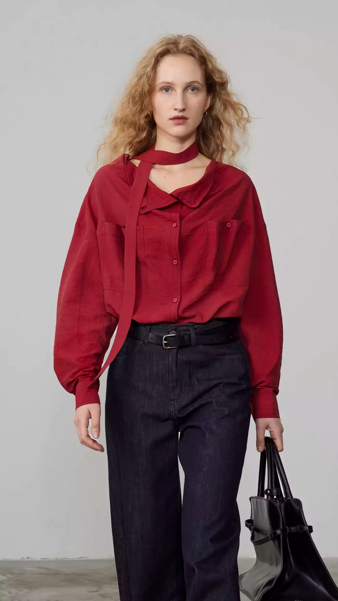 Romantic Silk Shirt with Detachable Ribbon and Large Pockets