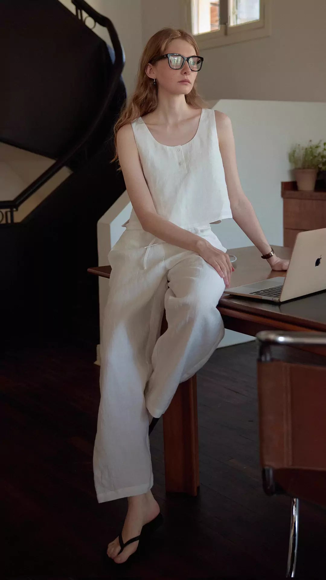 Linen Blue and White Striped Loungewear Set (Top and Pants)