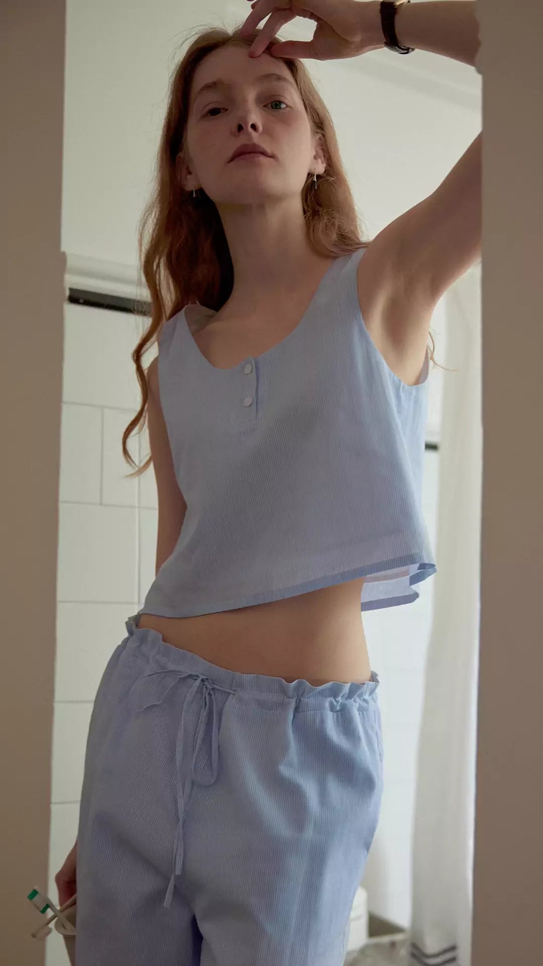 Linen Blue and White Striped Loungewear Set (Top and Pants)