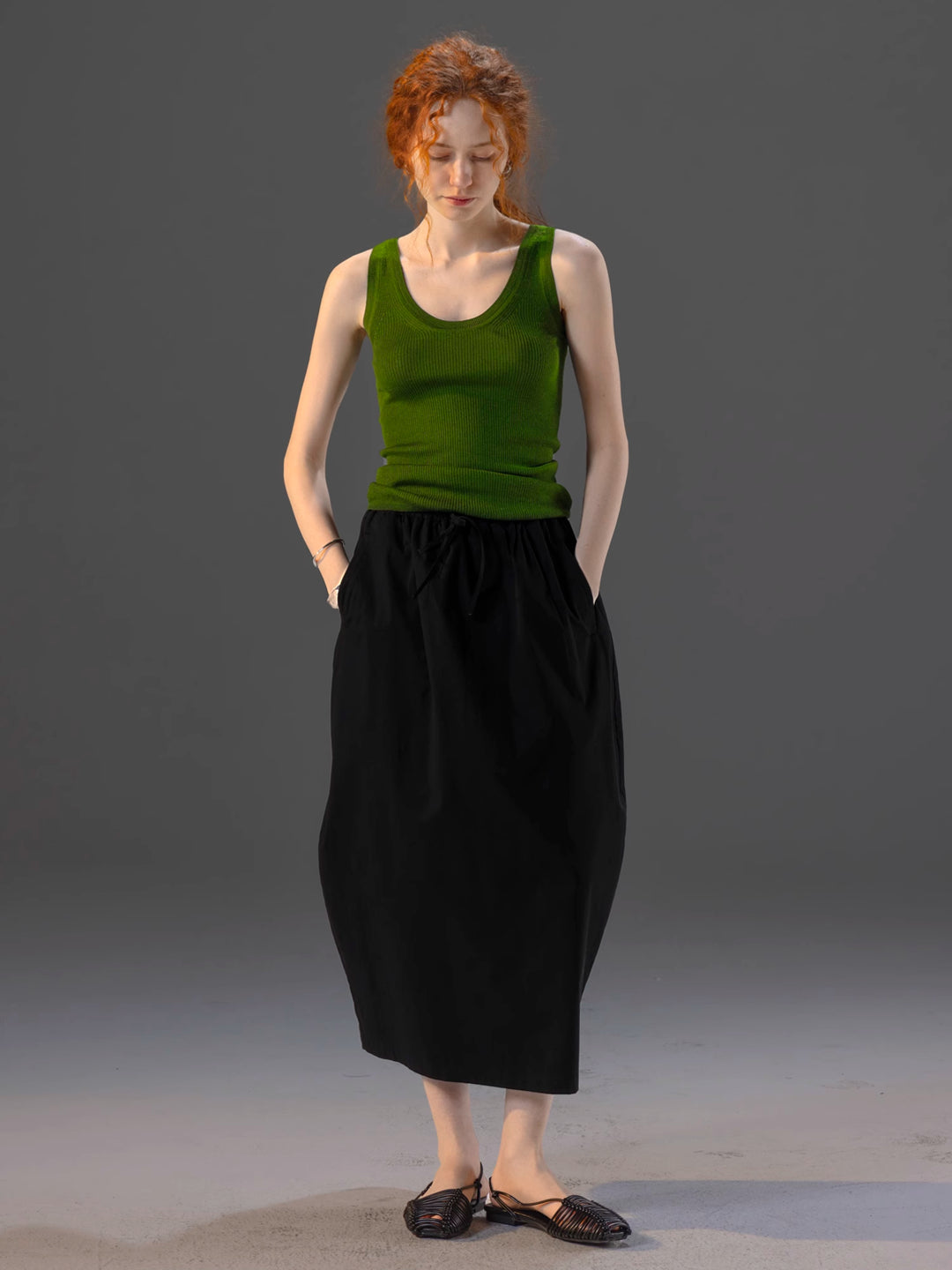 French-Inspired Knotted Back Slit Elastic Waist Bubble Skirt