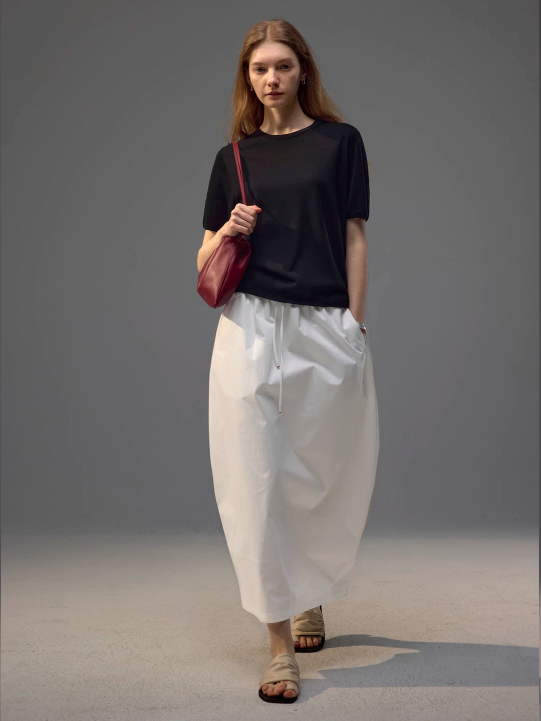 French-Inspired Knotted Back Slit Elastic Waist Bubble Skirt