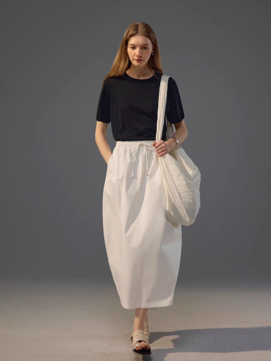 French-Inspired Knotted Back Slit Elastic Waist Bubble Skirt