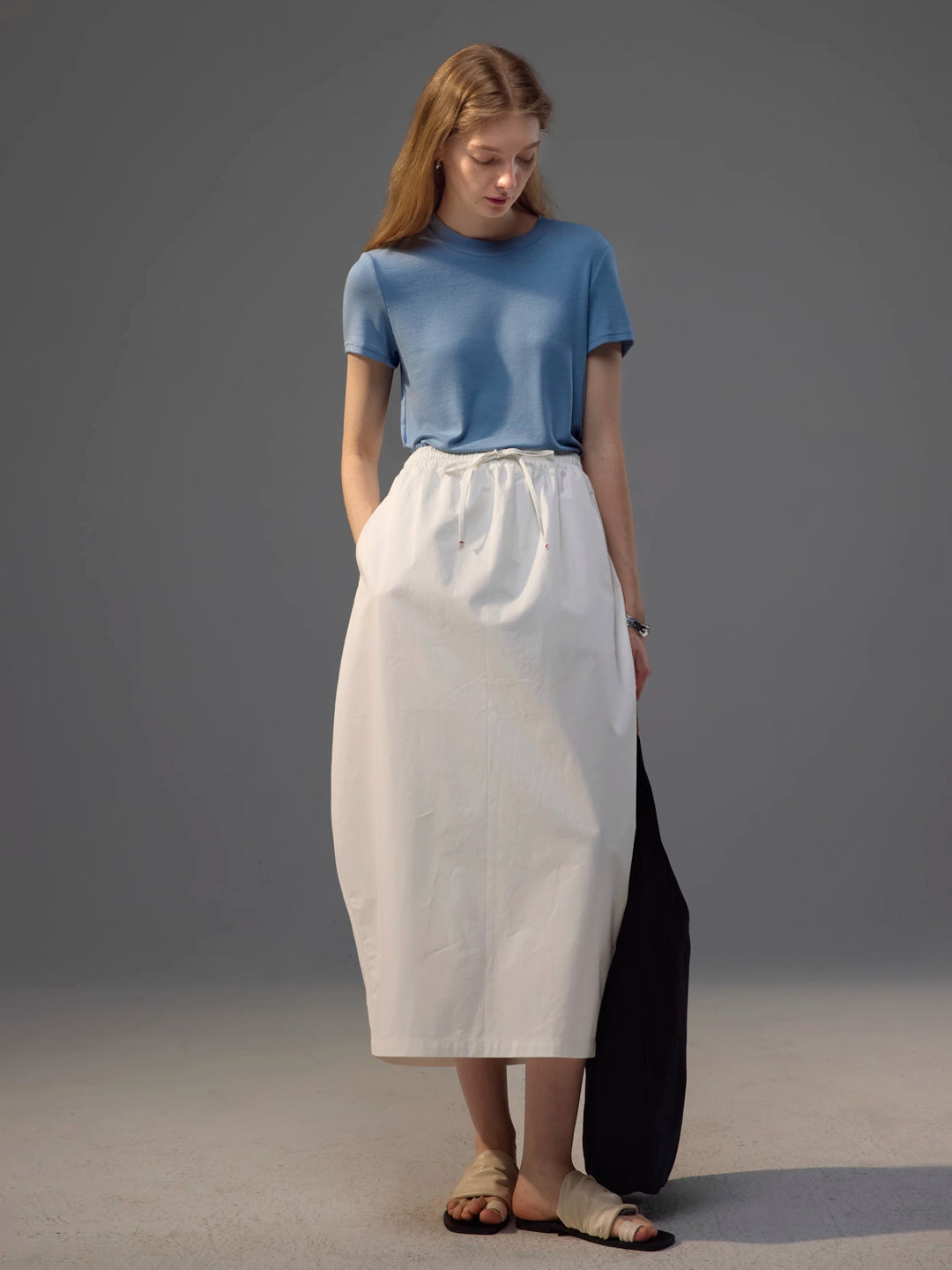 French-Inspired Knotted Back Slit Elastic Waist Bubble Skirt