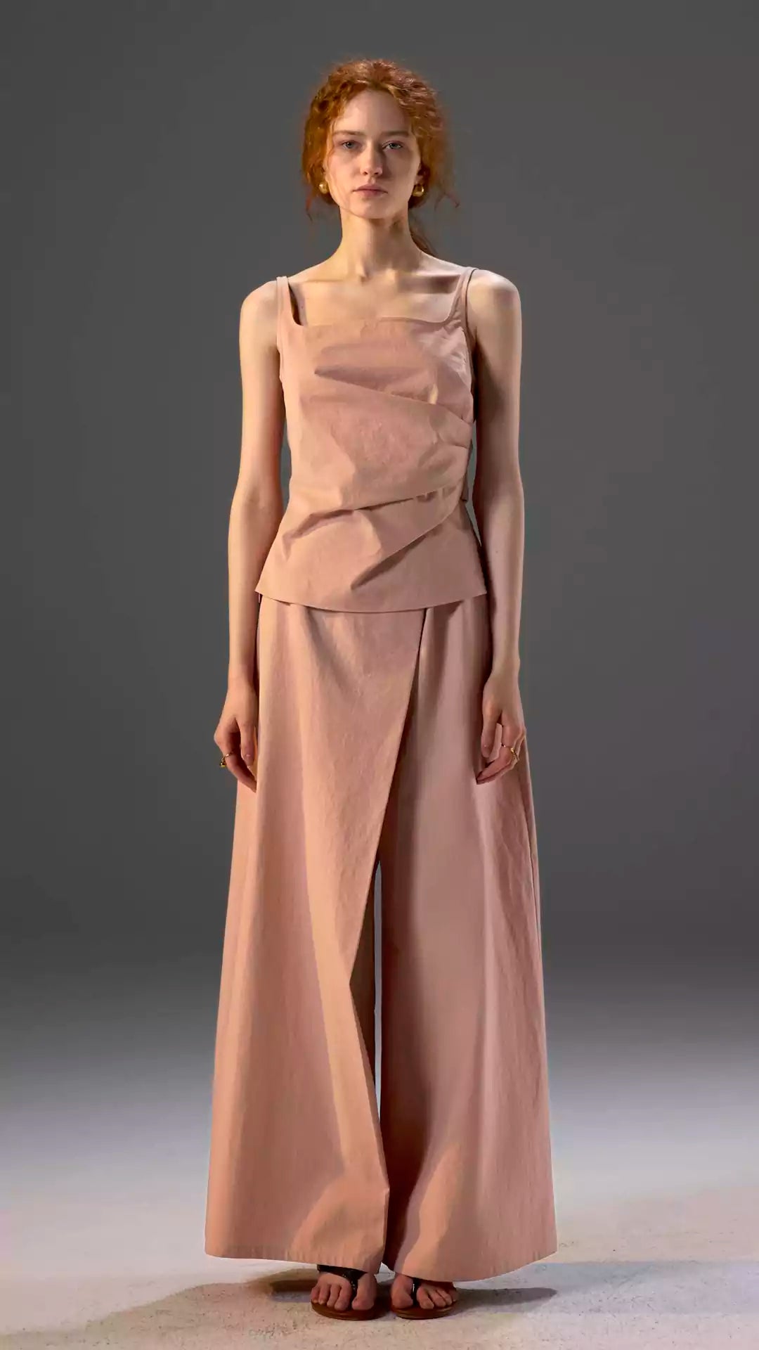 Pure Cotton Draped Top & Wide-Leg Trousers Set