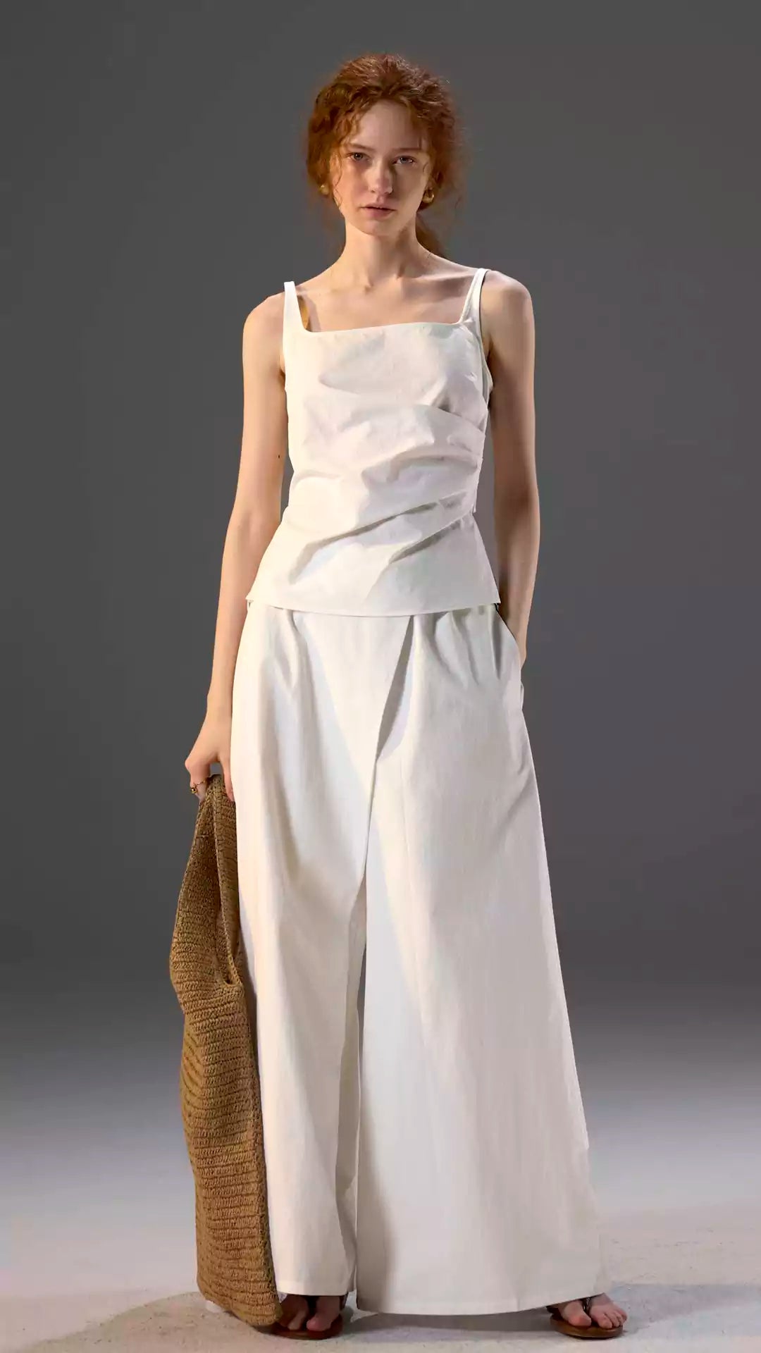 Pure Cotton Draped Top & Wide-Leg Trousers Set