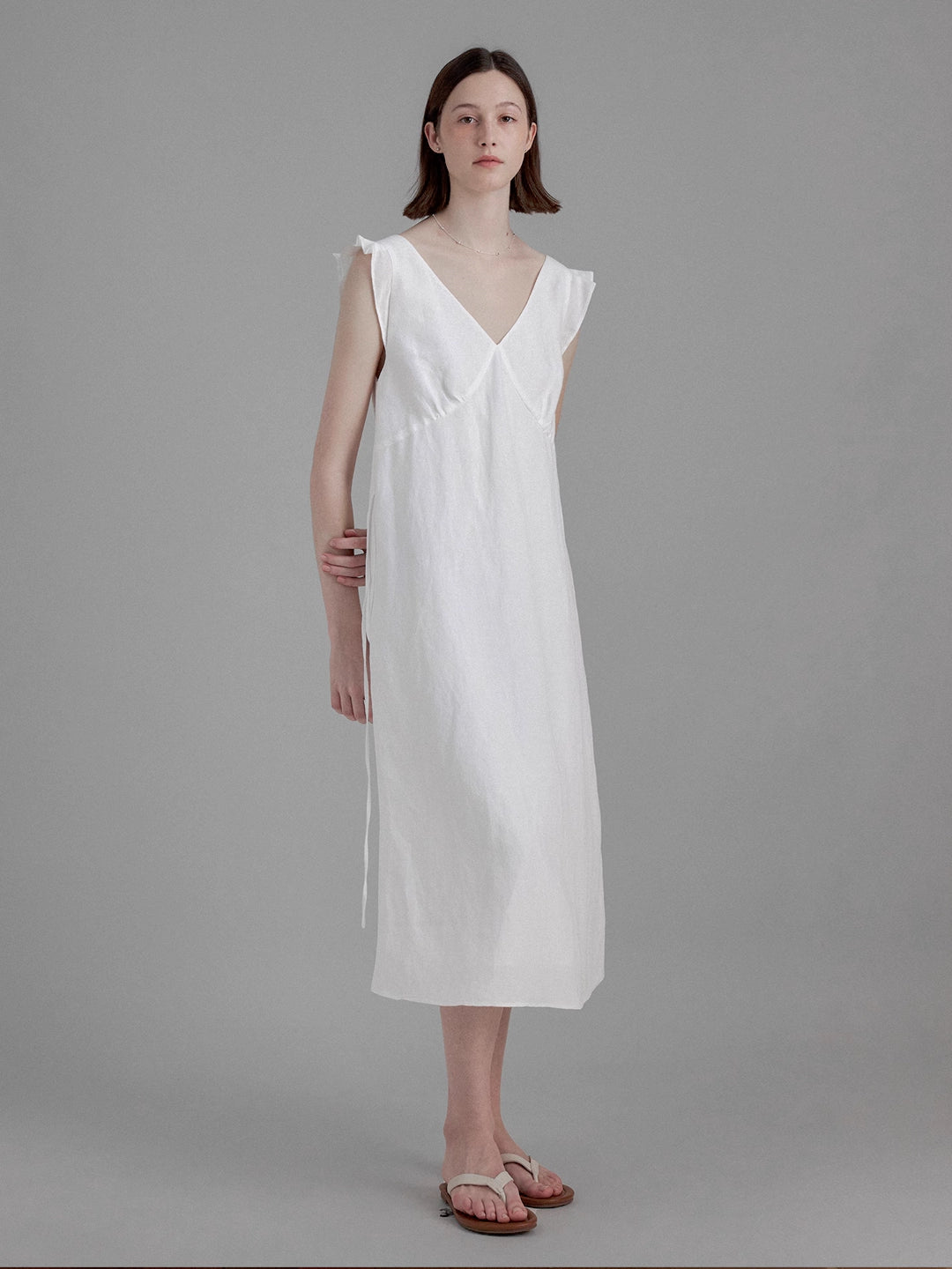 Elegant V-Neck Linen Midi Dress