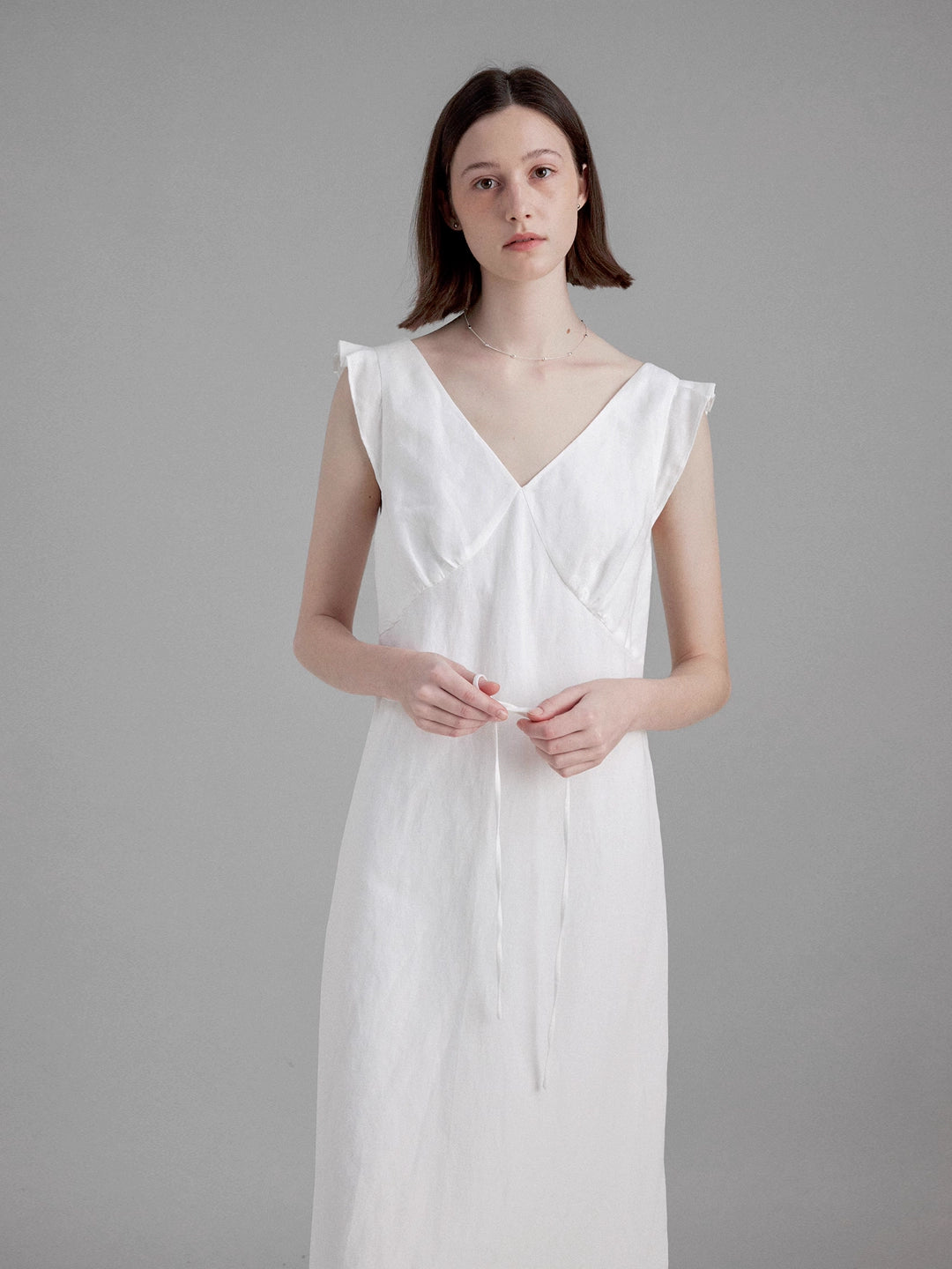 Elegant V-Neck Linen Midi Dress