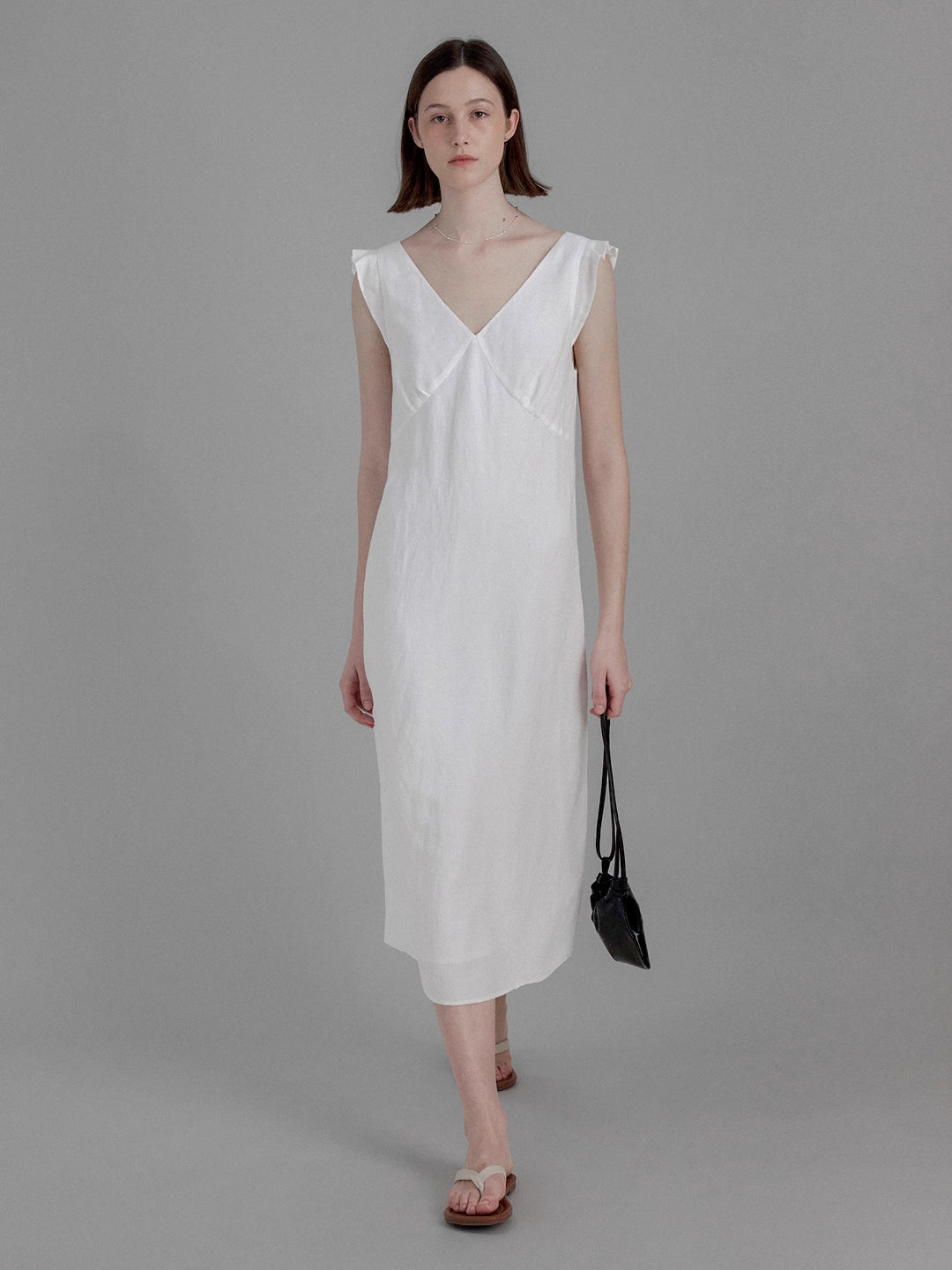 Elegant V-Neck Linen Midi Dress