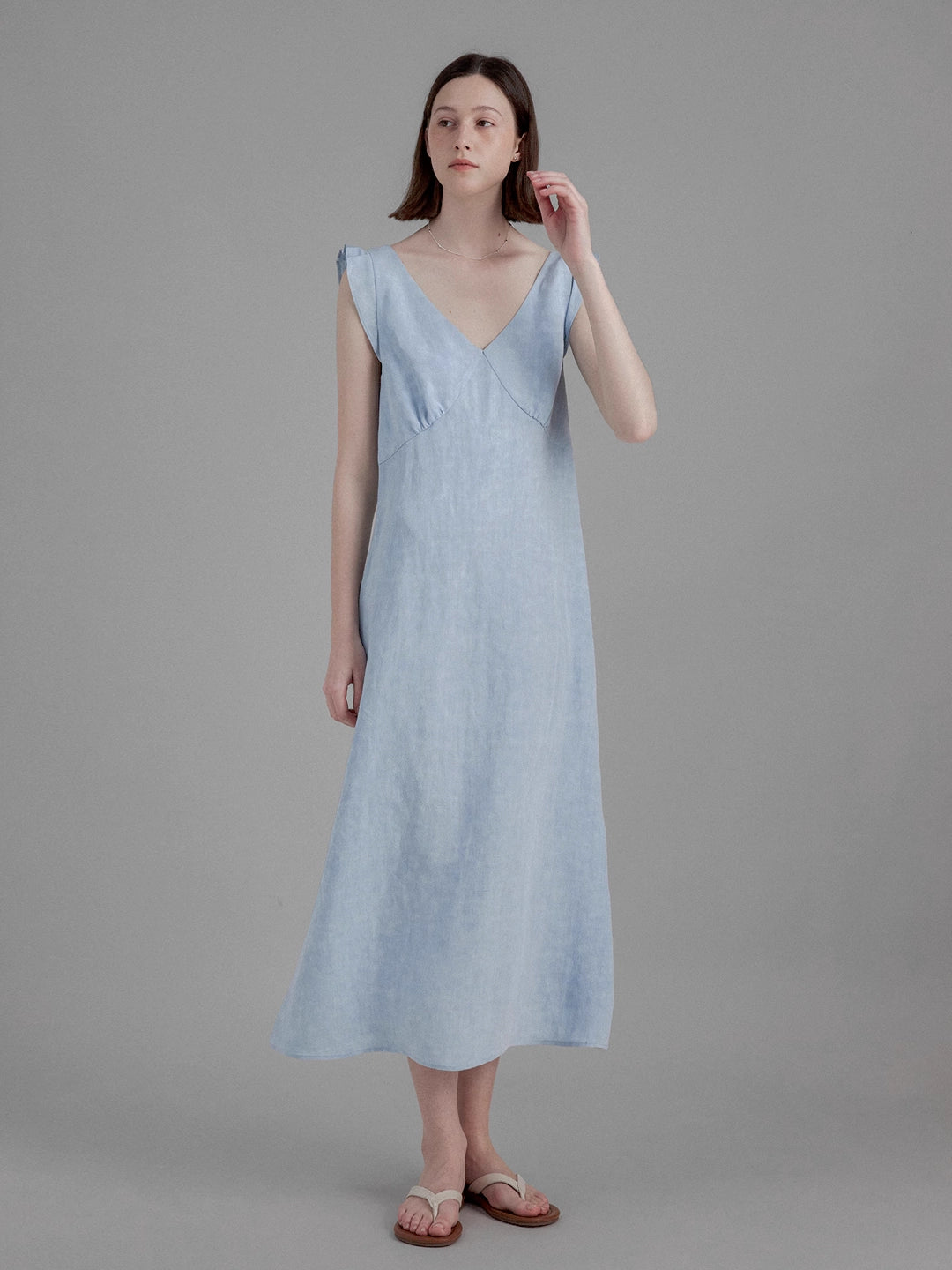 Elegant V-Neck Linen Midi Dress