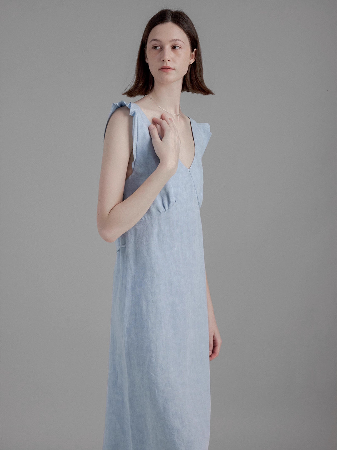 Elegant V-Neck Linen Midi Dress