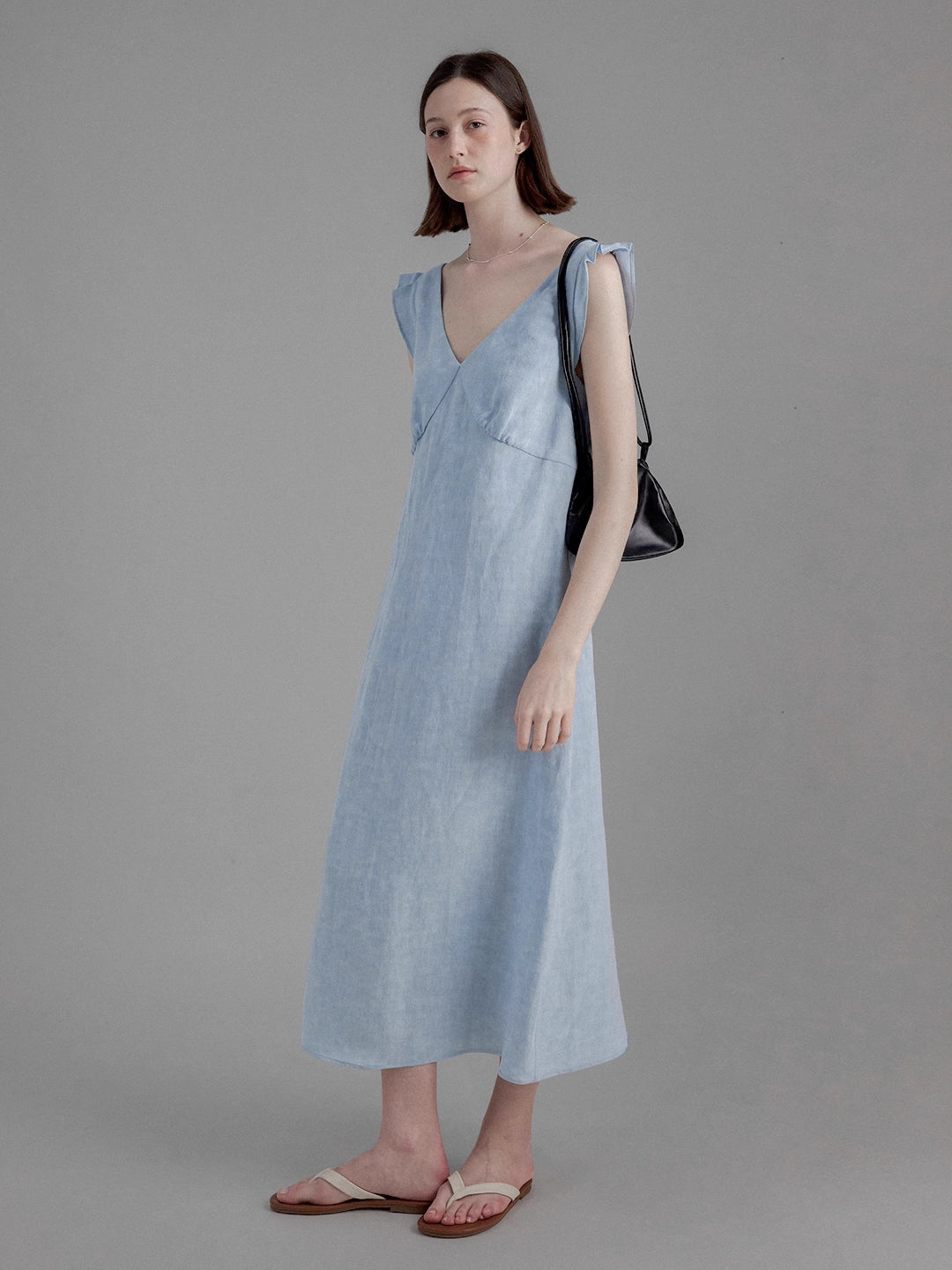 Elegant V-Neck Linen Midi Dress