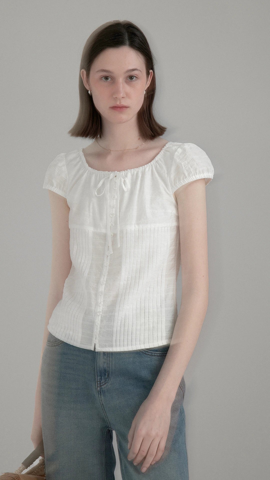 Summer jacquard textured puff sleeve blouse