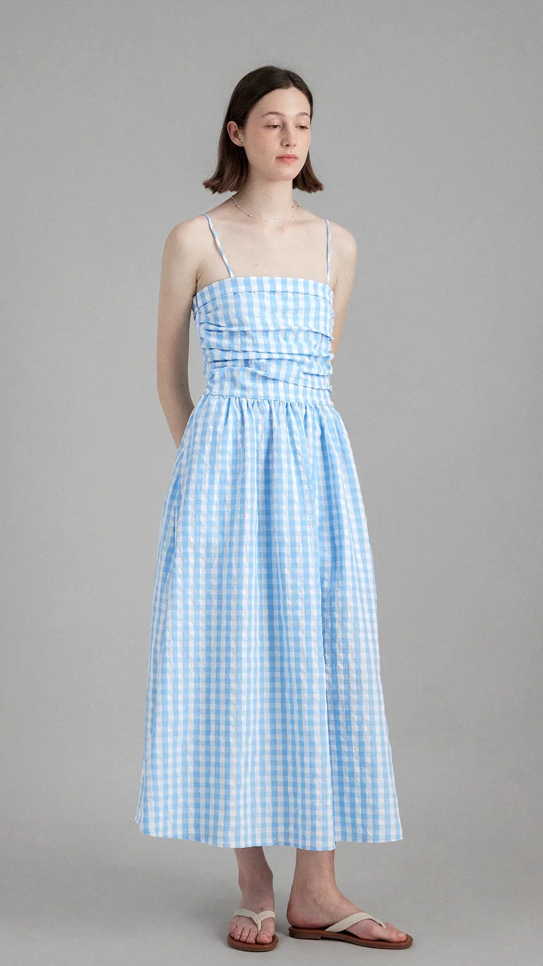 Vintage Pleated Waist-Cinching Plaid Long Slip Dress