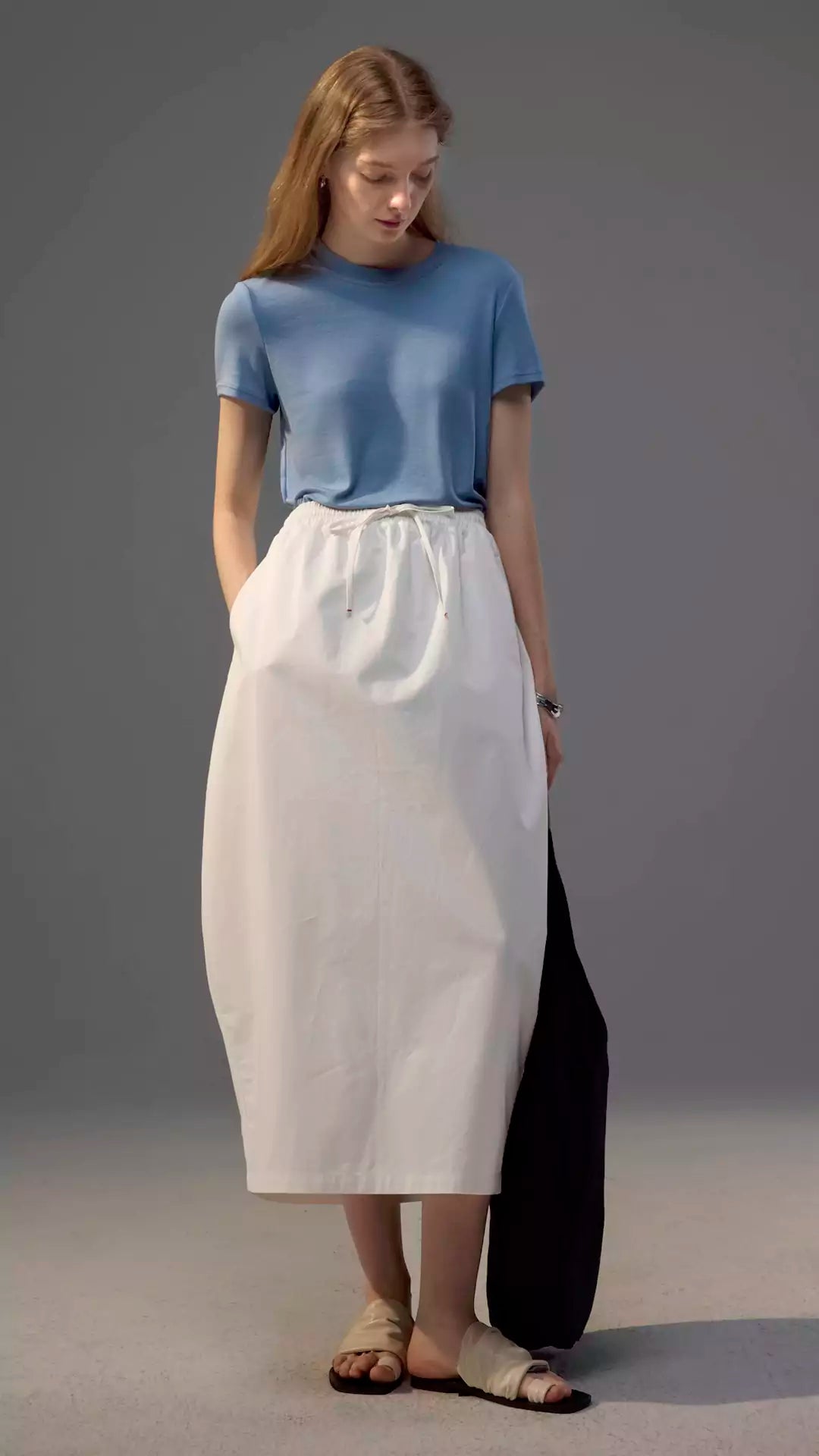 French-Inspired Knotted Back Slit Elastic Waist Bubble Skirt