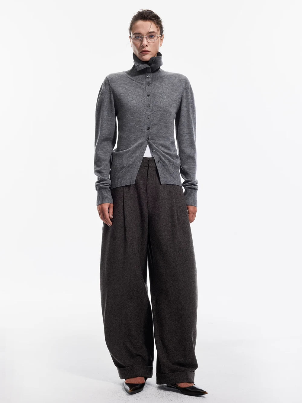 Cuffed Wide-Leg Suit Trousers in Wool Blend