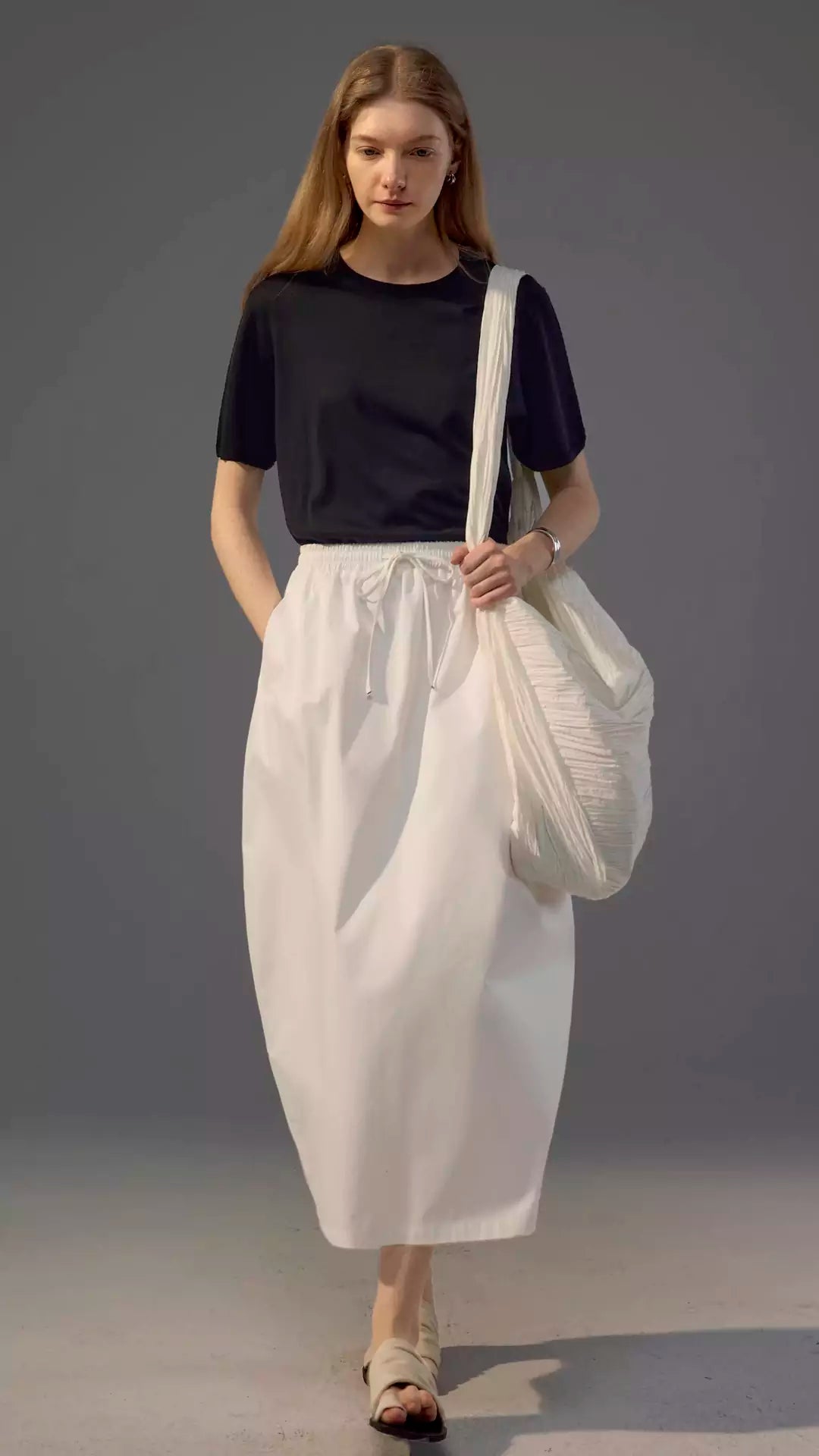 French-Inspired Knotted Back Slit Elastic Waist Bubble Skirt