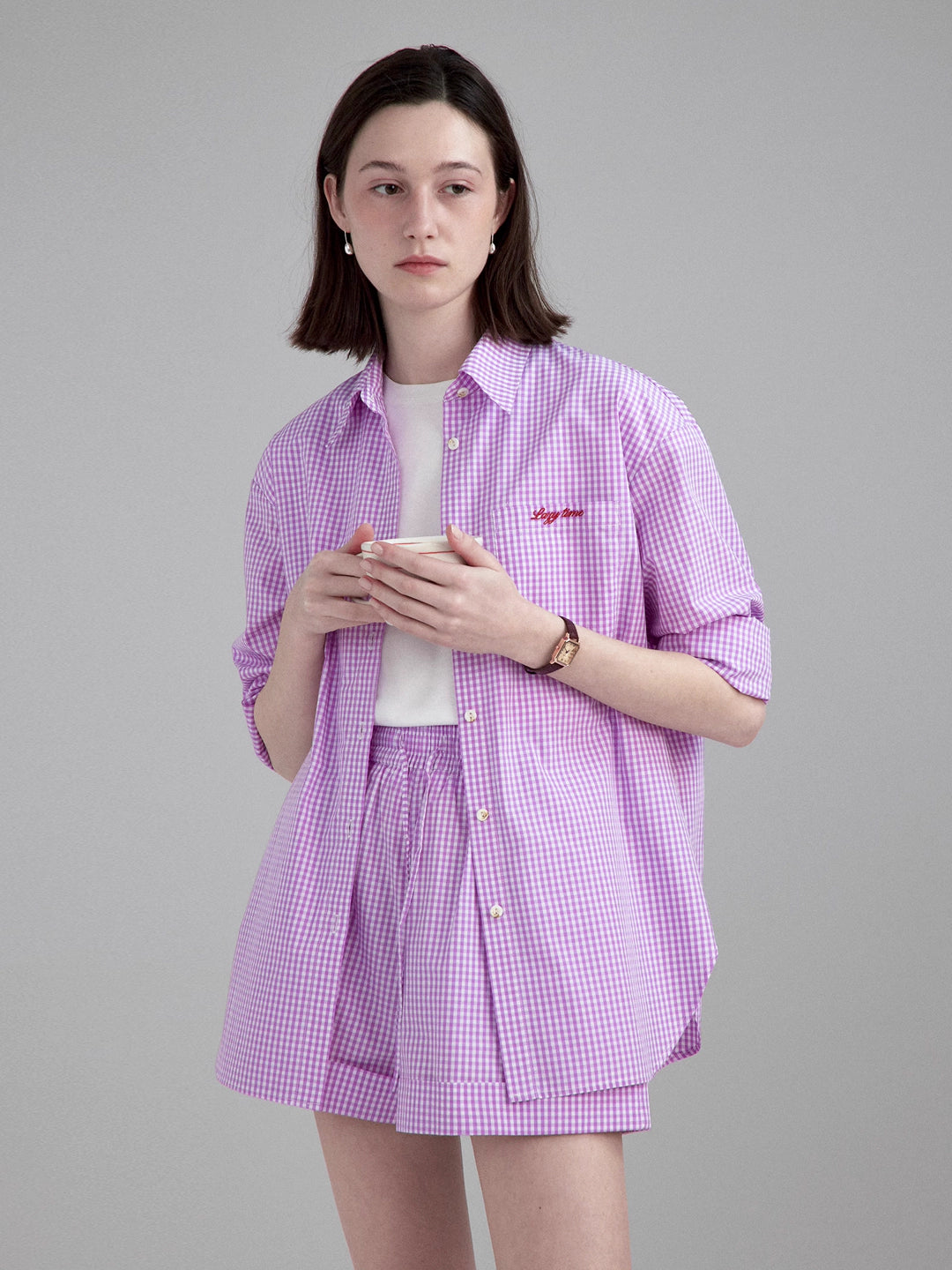 Lightweight pink plaid daily shirt/shorts