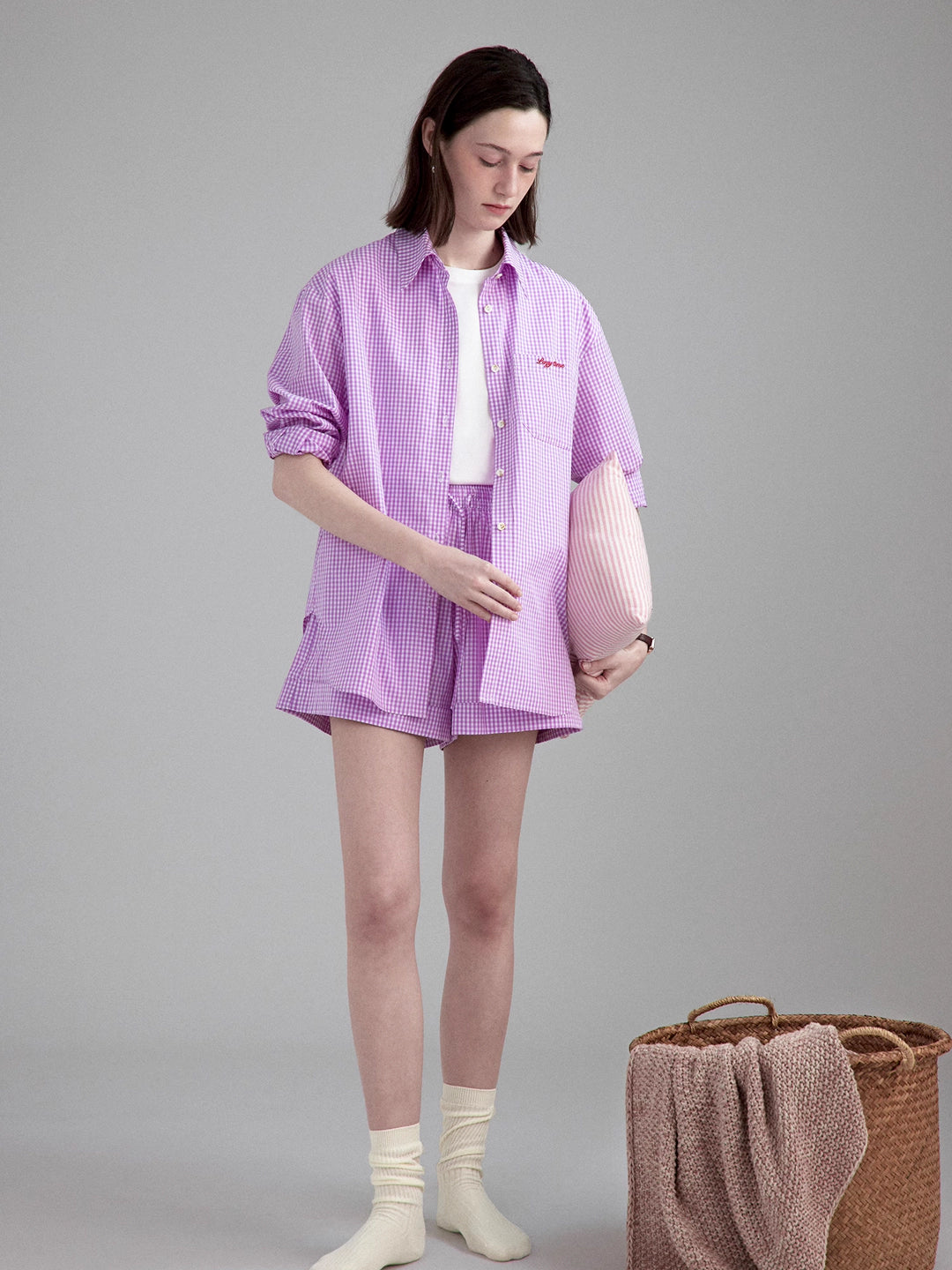 Lightweight pink plaid daily shirt/shorts