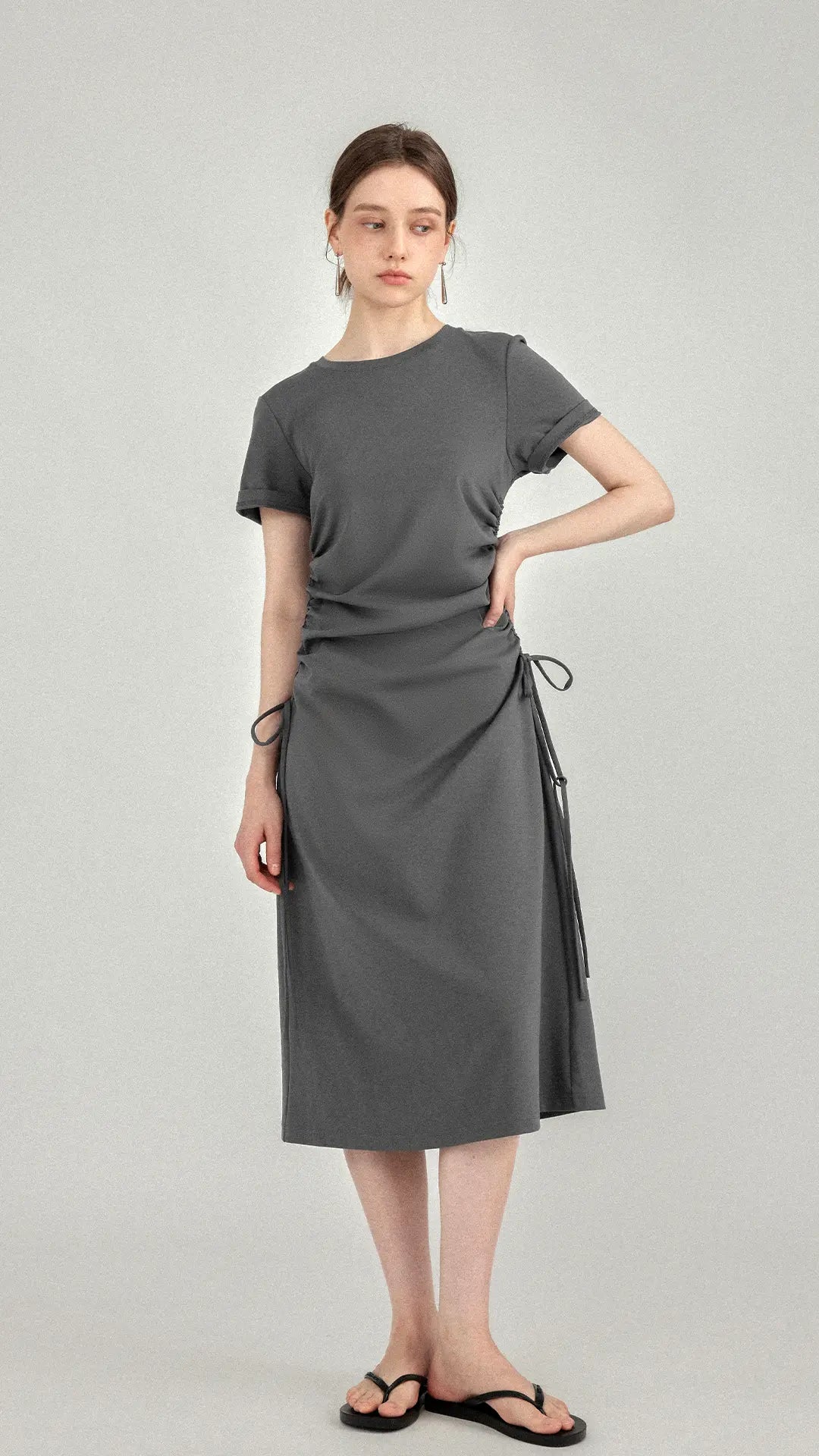 Ruched Side-Tie Midi T-Shirt Dress