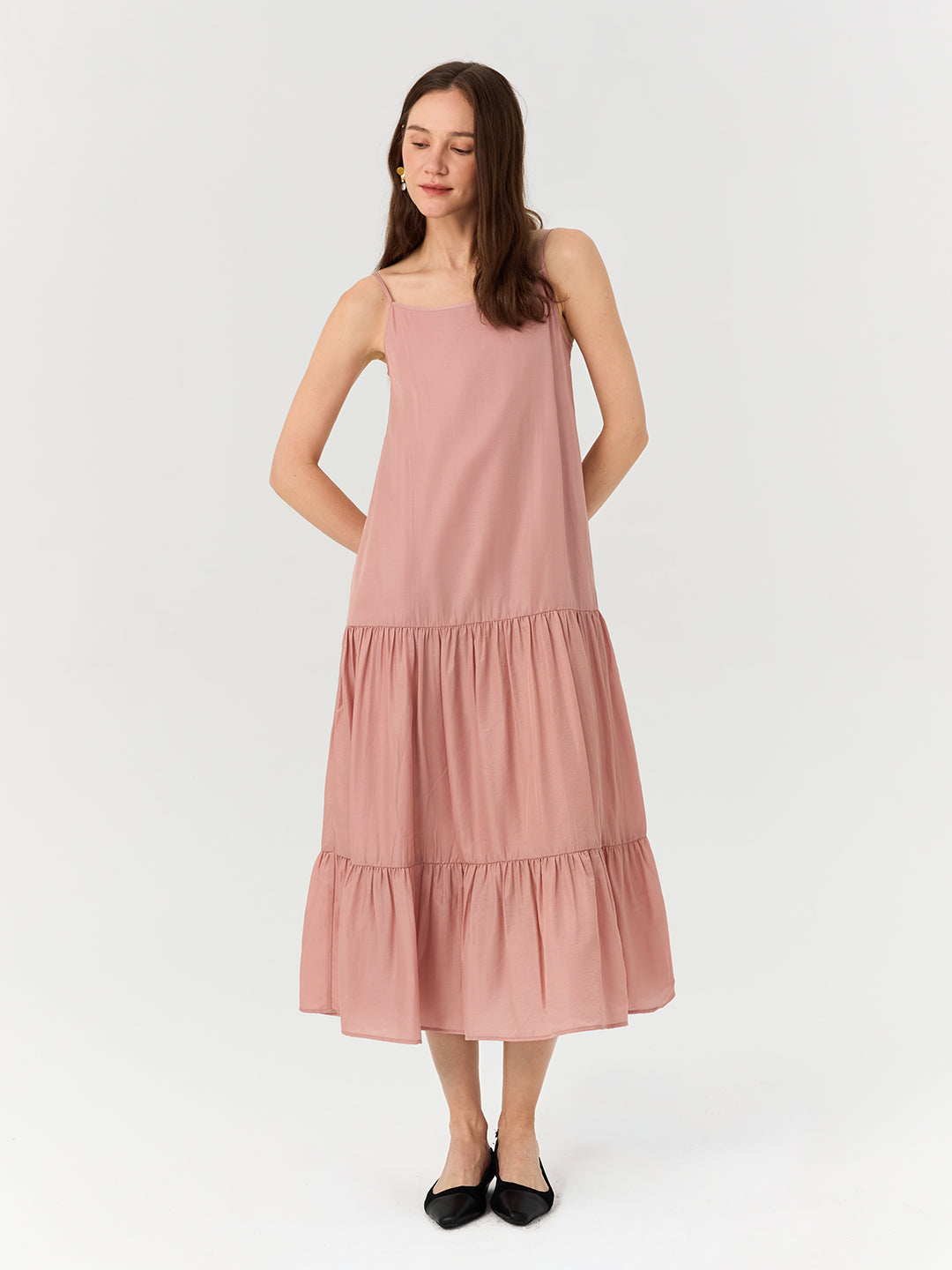 Elegant Solid Slip Tiered Cake Dress In Soft Pink