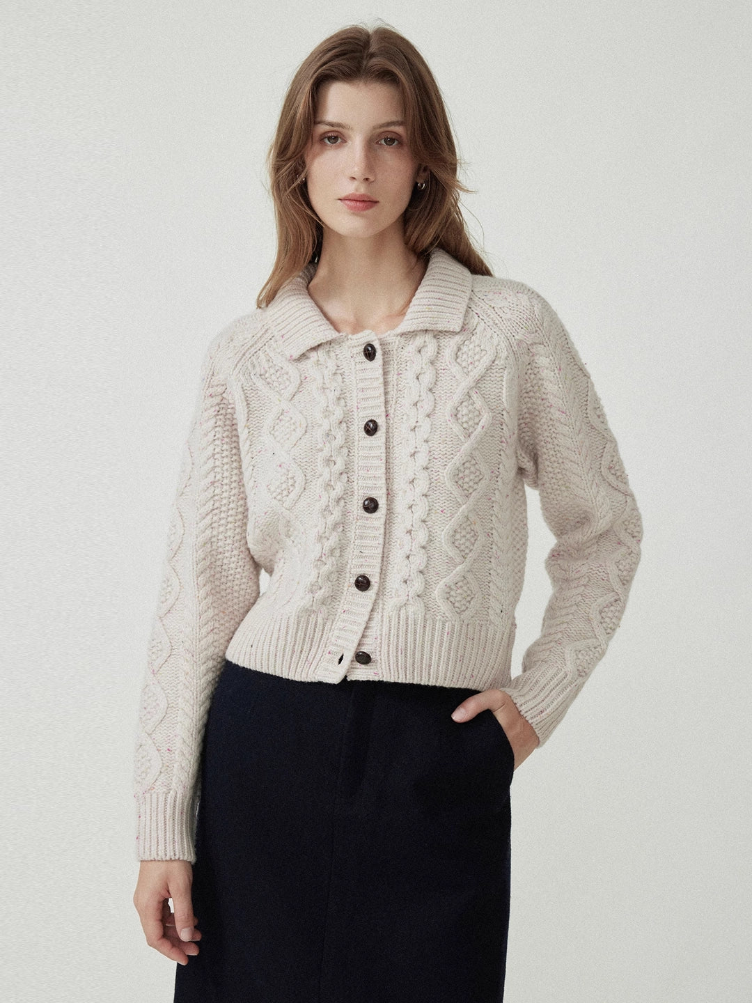 Cable Knit Collar Wool Cardigan