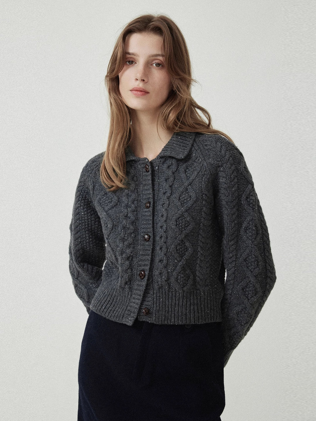 Cable Knit Collar Wool Cardigan