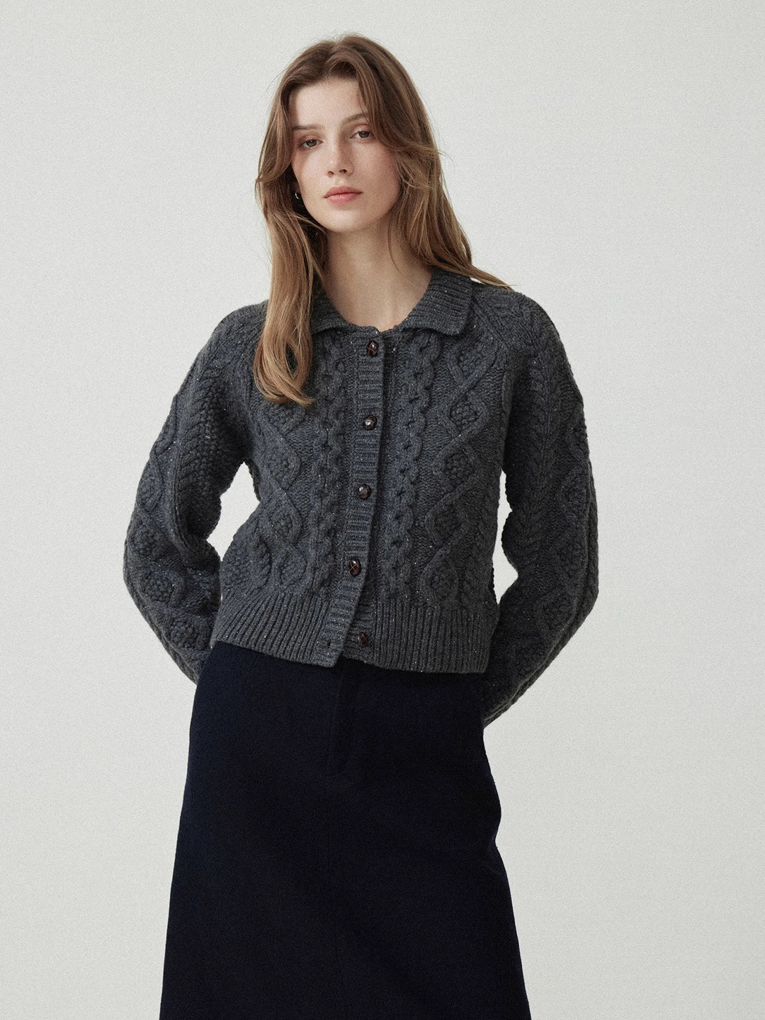 Cable Knit Collar Wool Cardigan