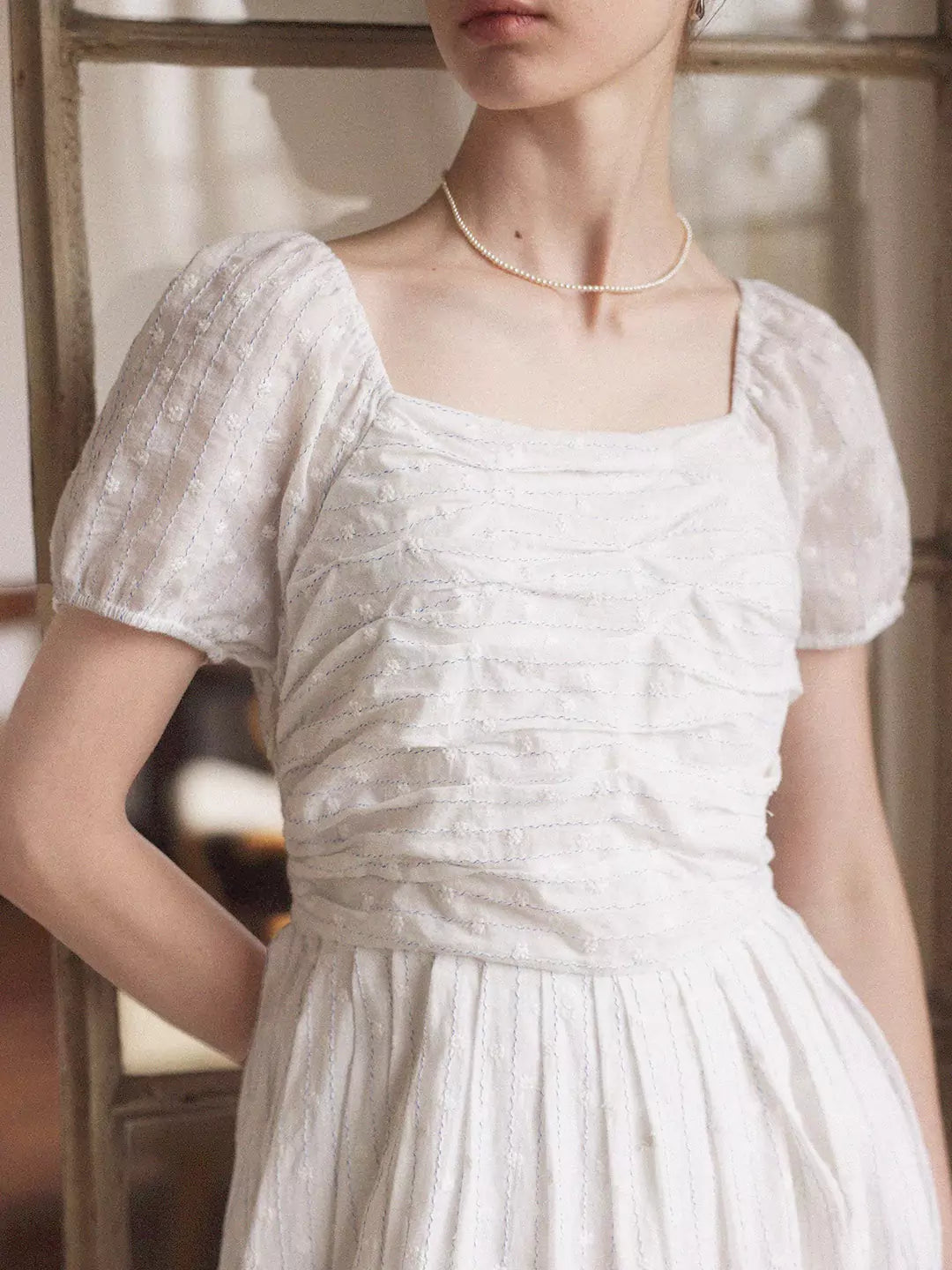 White Pleated Dress with Square Neckline