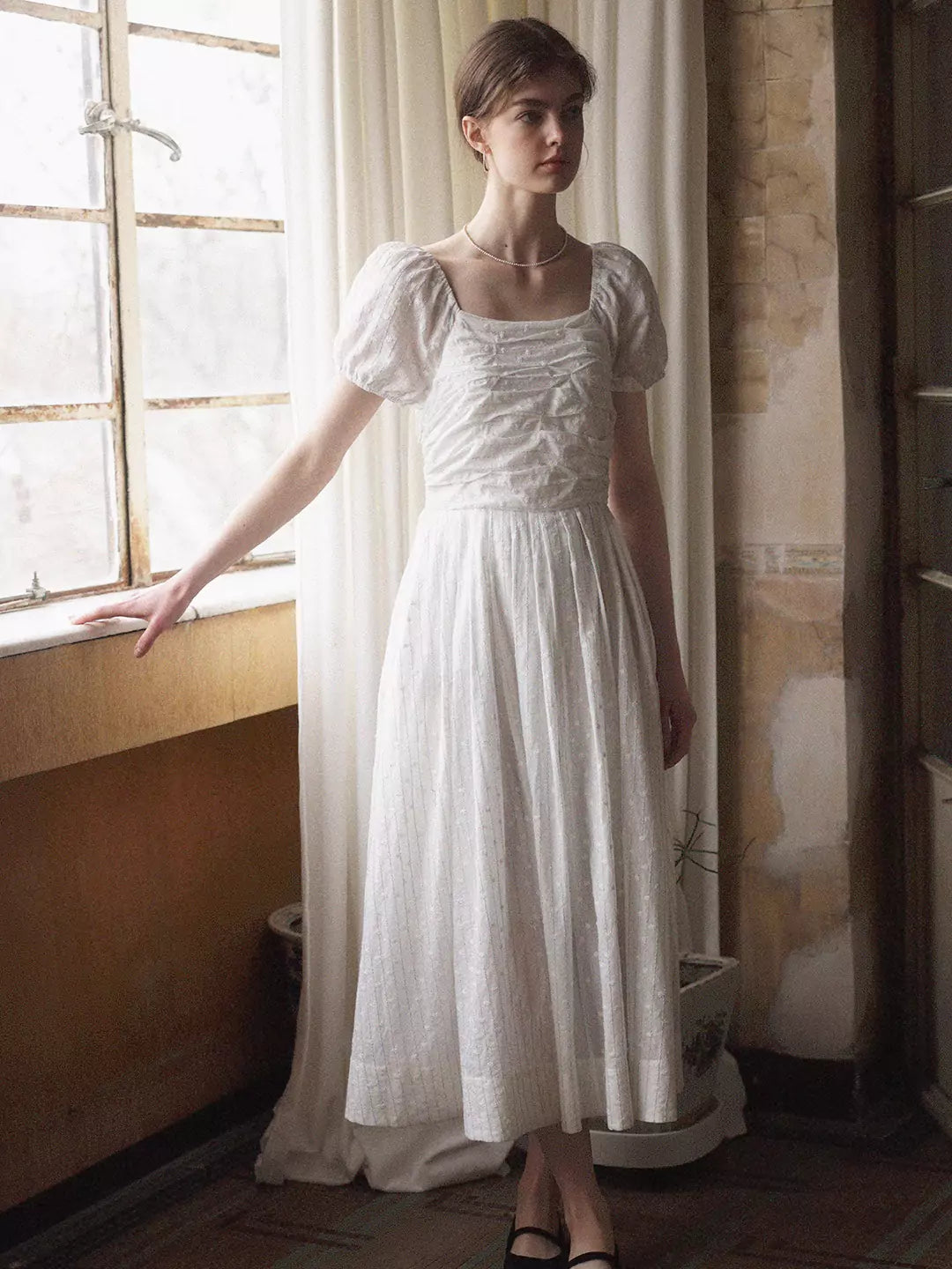 White Pleated Dress with Square Neckline