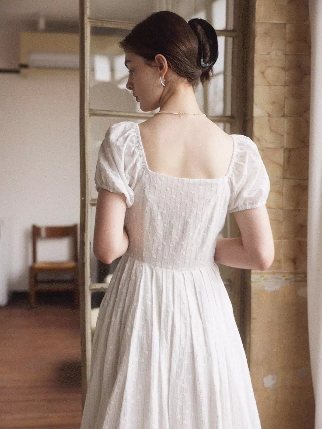 White Pleated Dress with Square Neckline