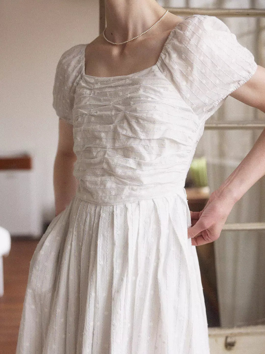 White Pleated Dress with Square Neckline