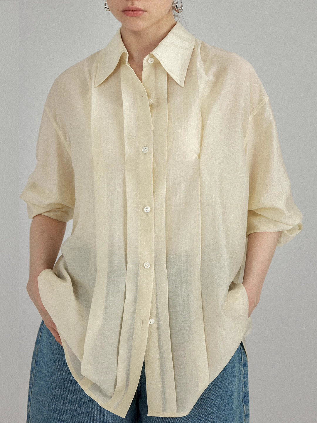 Breathable Tencel Cotton Pleated Long Sleeve Shirt