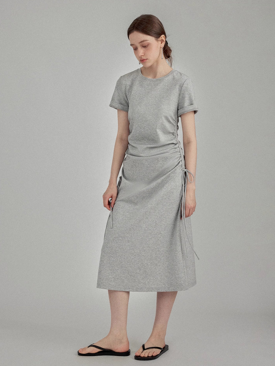 Ruched Side-Tie Midi T-Shirt Dress