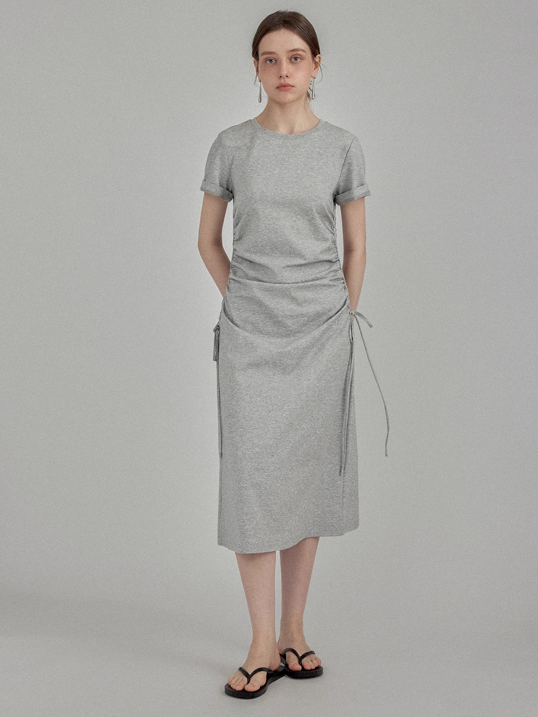 Ruched Side-Tie Midi T-Shirt Dress