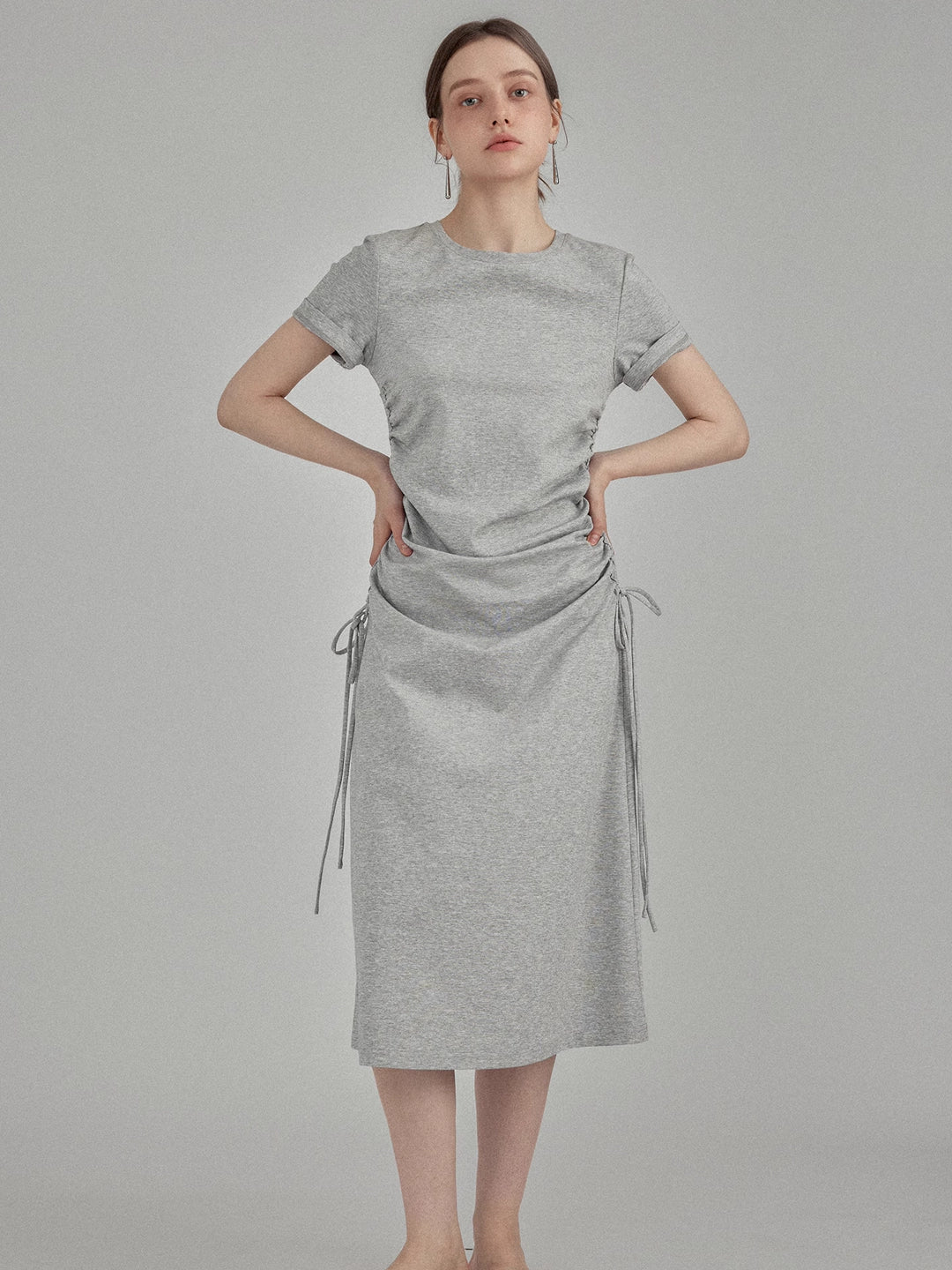 Ruched Side-Tie Midi T-Shirt Dress