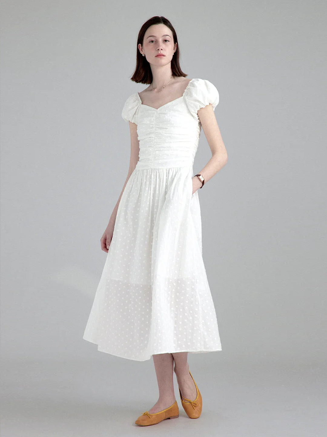 White Embroidered Waist-Defined Dress