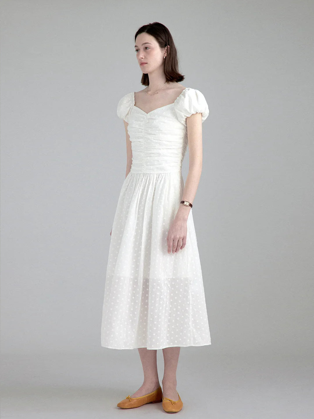 White Embroidered Waist-Defined Dress