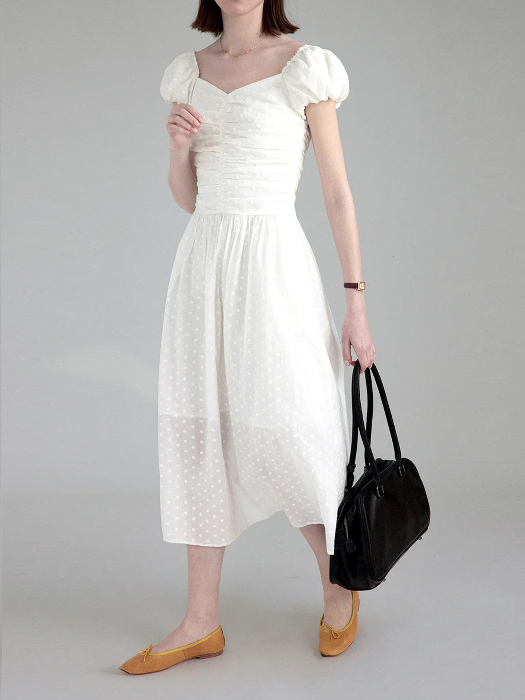 White Embroidered Waist-Defined Dress