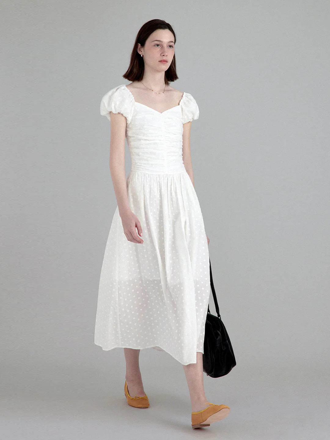 White Embroidered Waist-Defined Dress