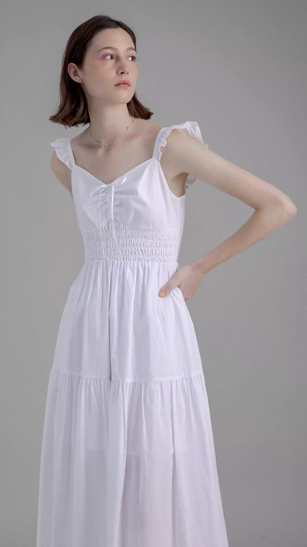 Summer Ruched Waist Tie-Up Cap Sleeve White Dress