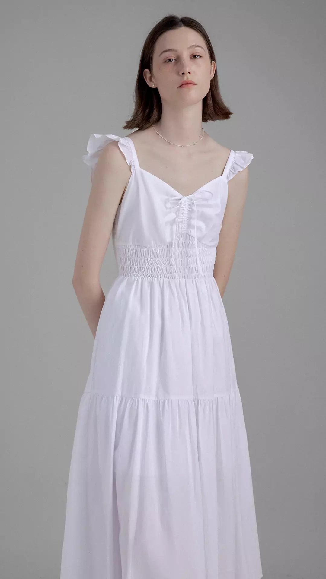 Summer Ruched Waist Tie-Up Cap Sleeve White Dress