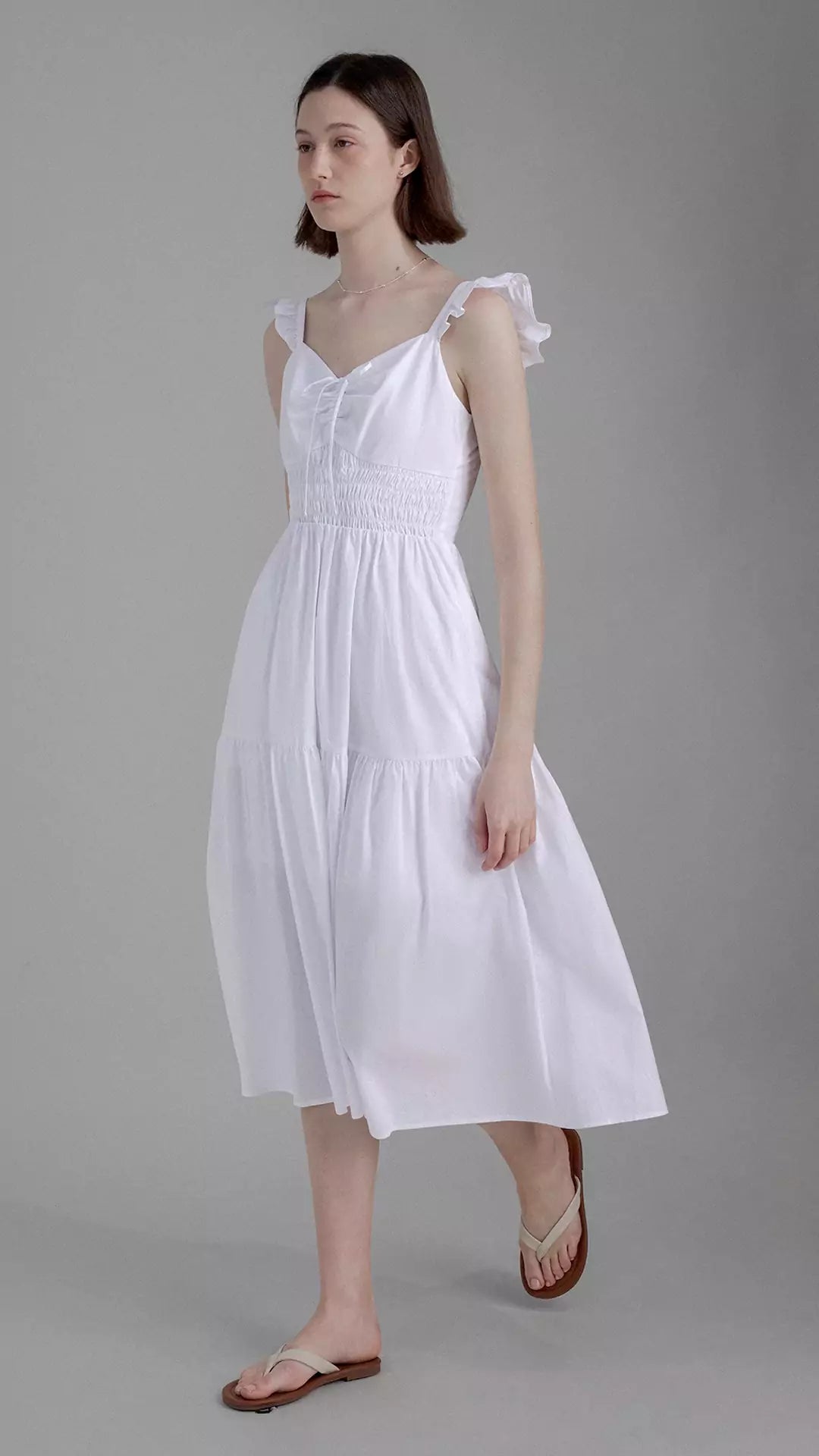 Summer Ruched Waist Tie-Up Cap Sleeve White Dress