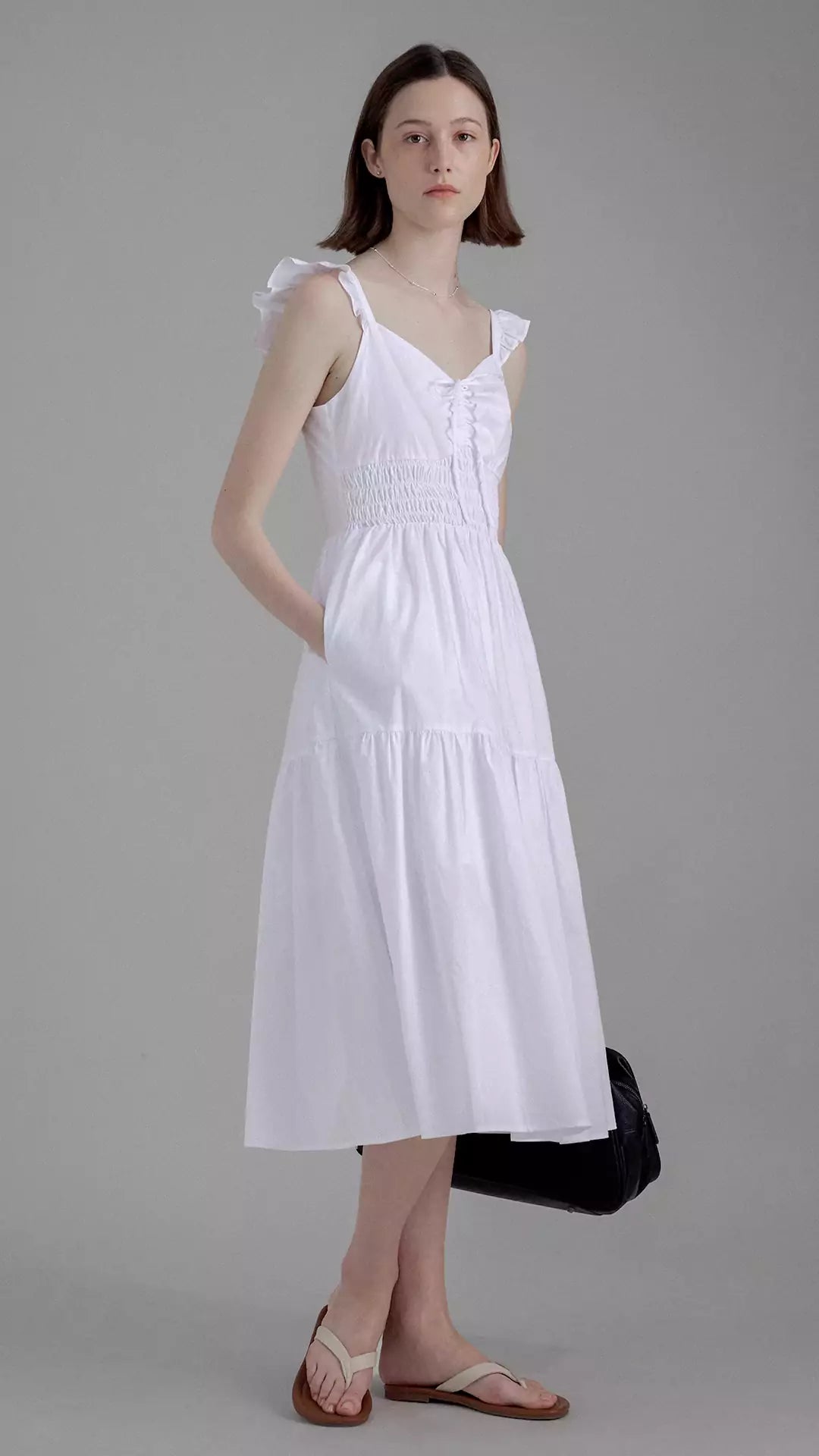 Summer Ruched Waist Tie-Up Cap Sleeve White Dress