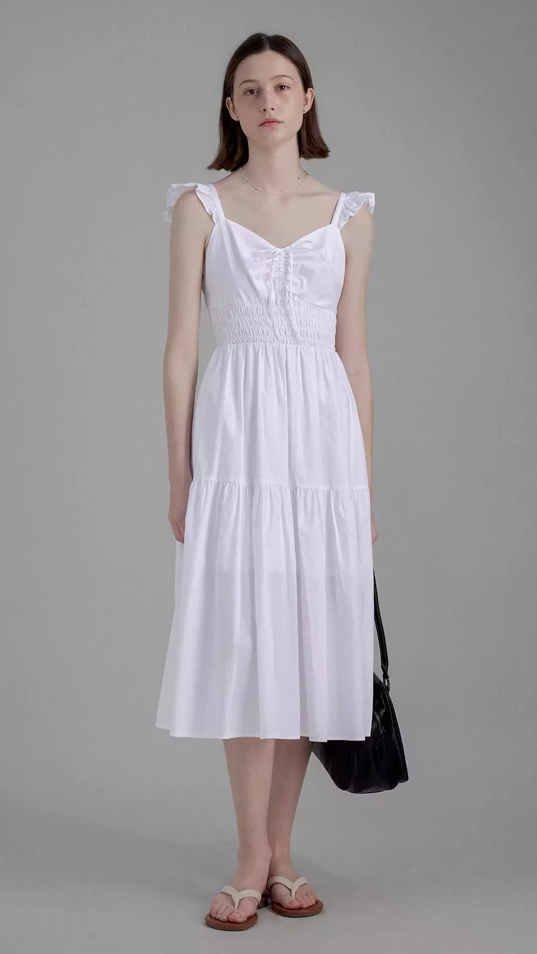 Summer Ruched Waist Tie-Up Cap Sleeve White Dress