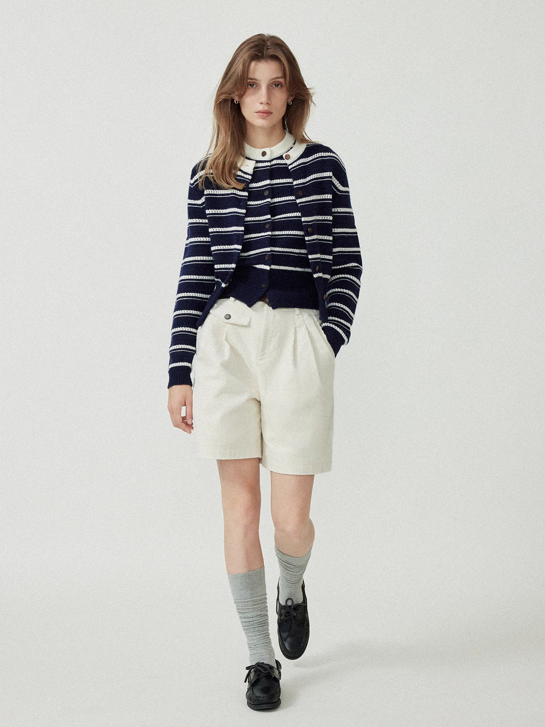 Wool Blend Hollow Stripe Color Block Knit Cardigan