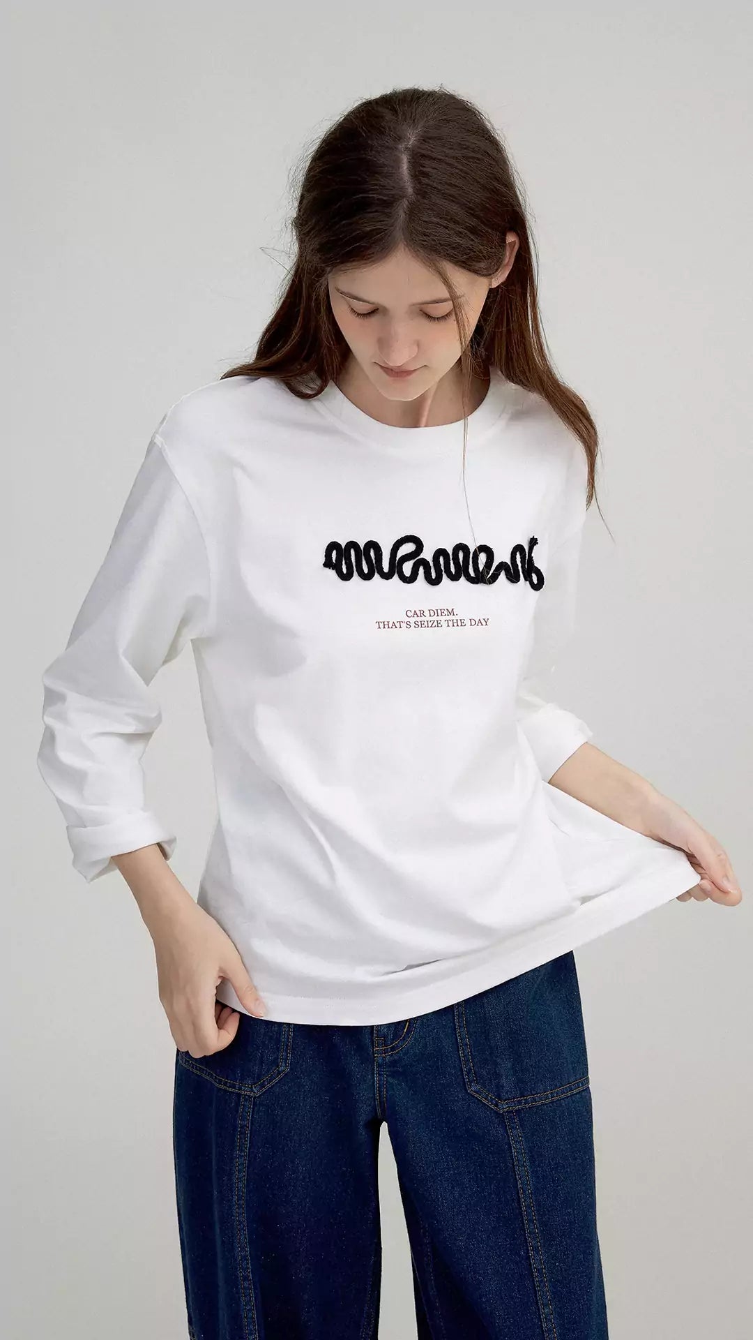 Soft 3D Letter Cord Design Long Sleeve Top