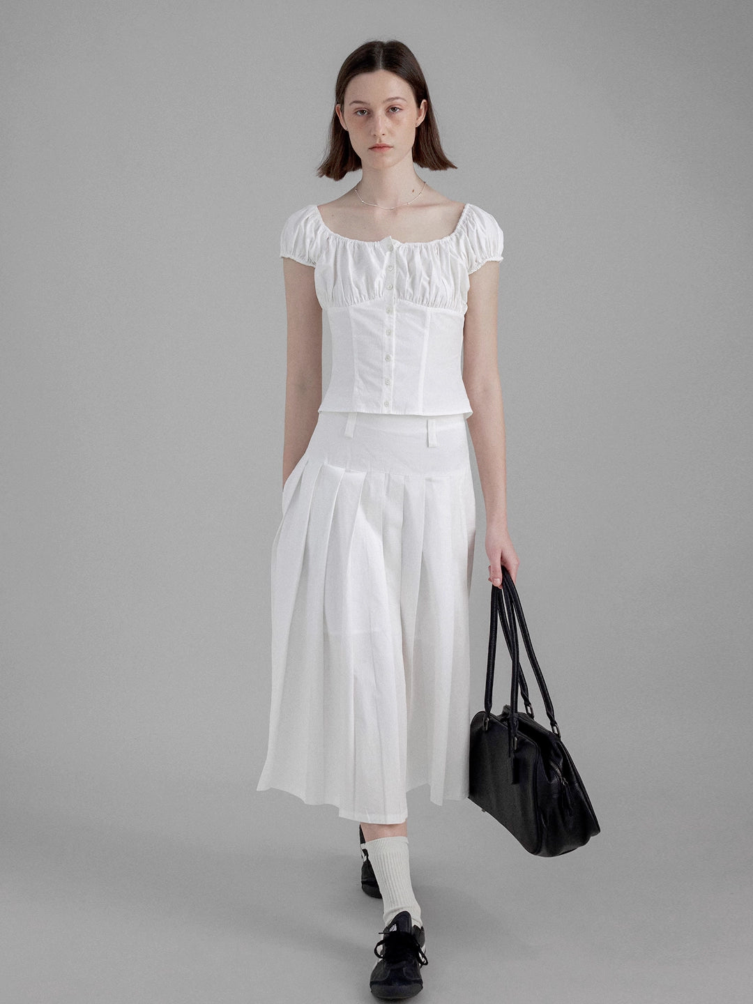 Vintage High Waist solid white Pleated Skirt / top