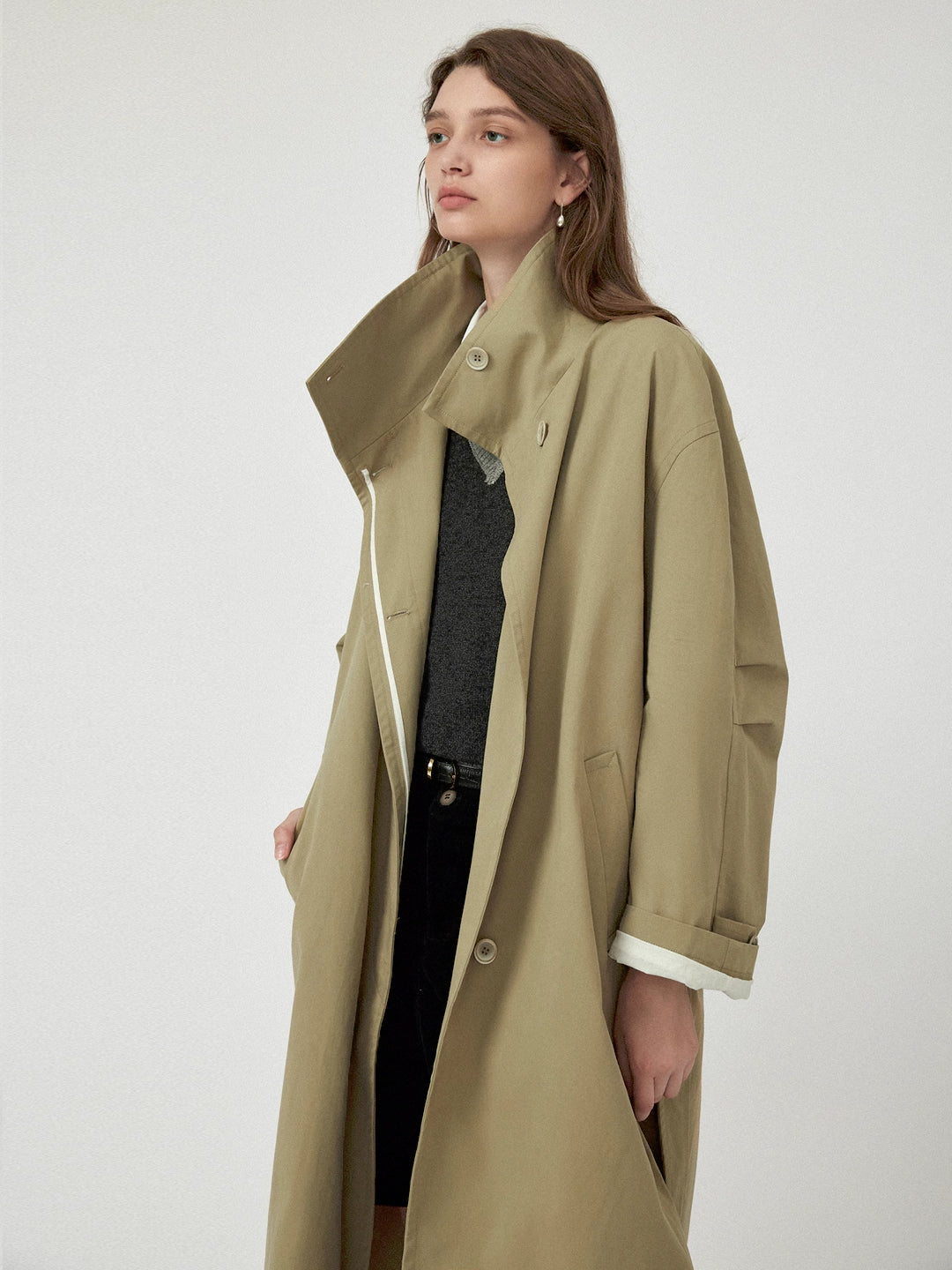 Casual Stand Collar Hidden Placket Trench Coat