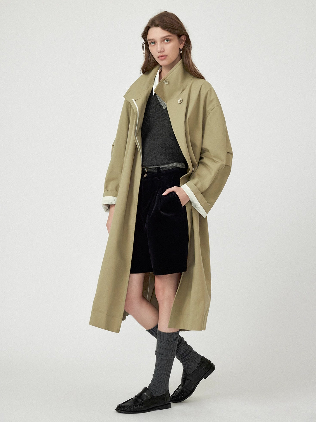 Casual Stand Collar Hidden Placket Trench Coat